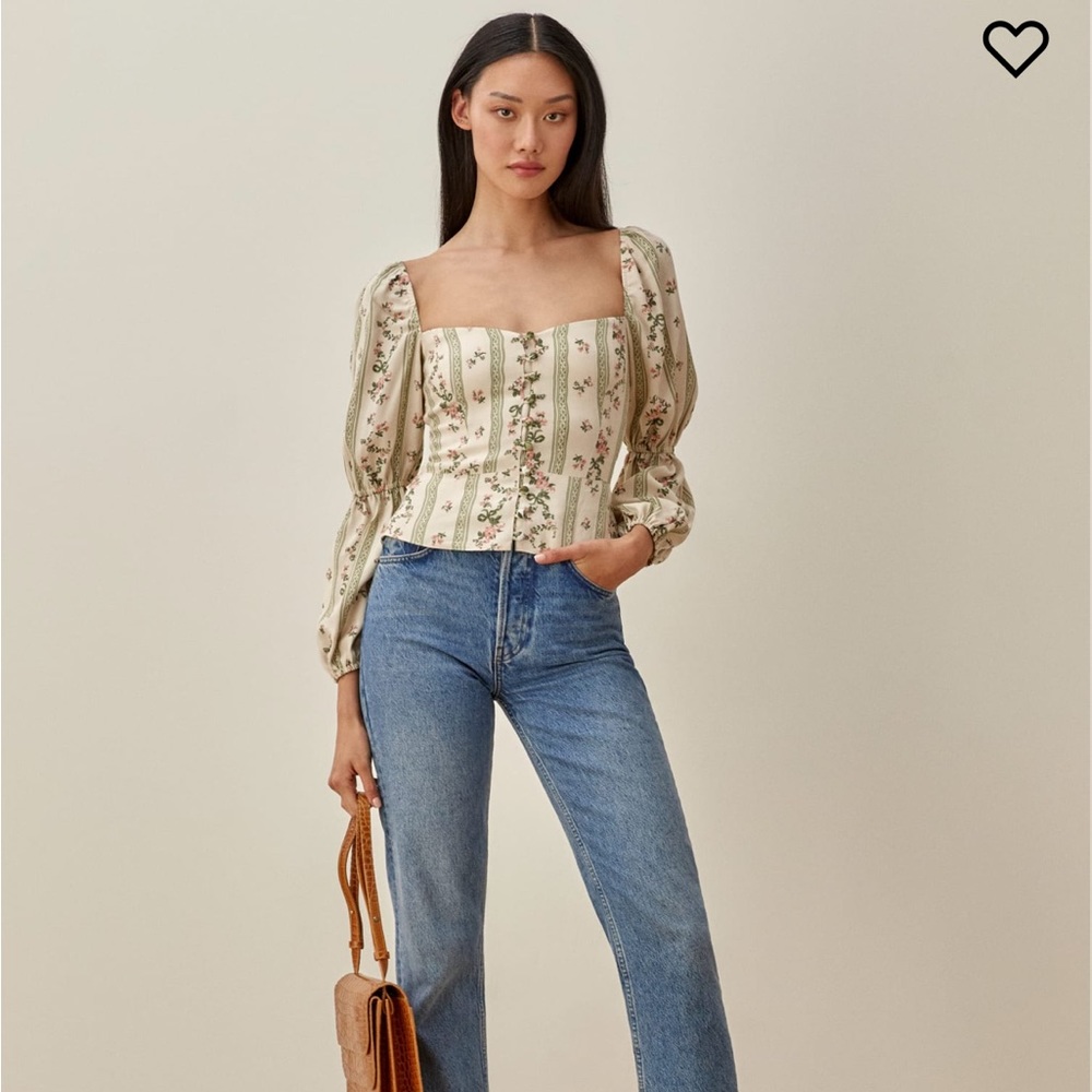 Reformation Cream Floral Square-Neck Corset Blouse